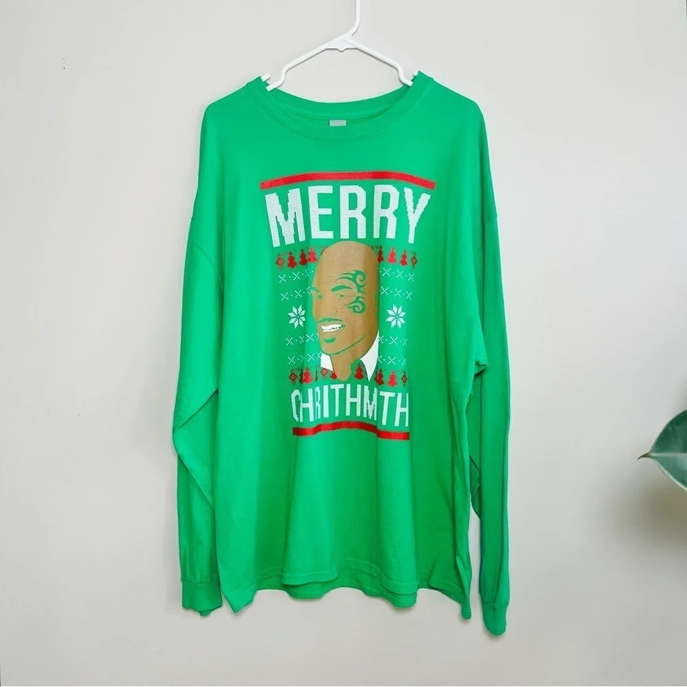 Mike Tyson Ugly Christmas Sweater Merry Chrithmith Size Mens 2XL Crew Neck Green